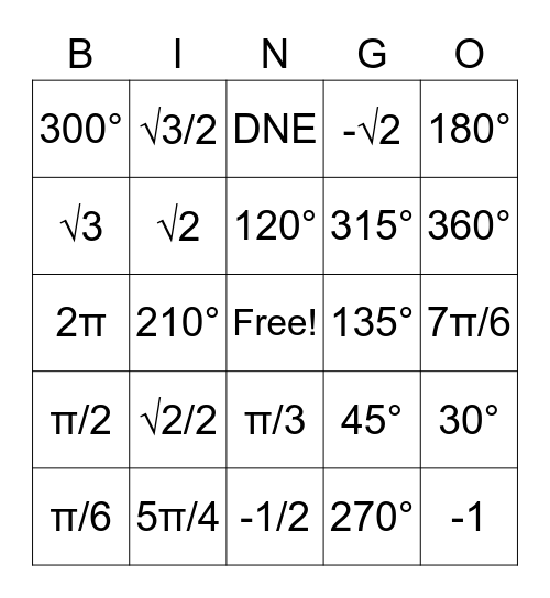 Unit Circle Bingo Card