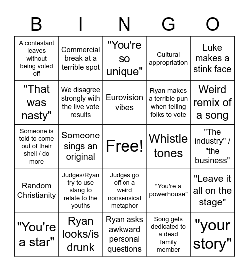 American Idol Bingo Card