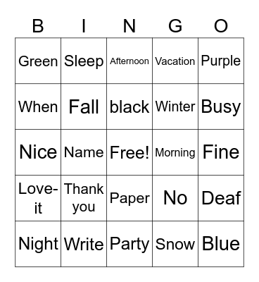 Silent Bingo Card