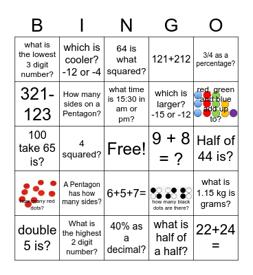 Maths Bingo Card