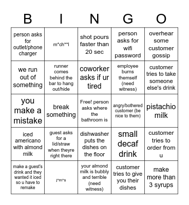 namam barista Bingo Card