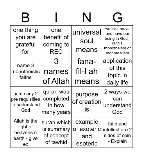 Approaches to Quran Bingo Card