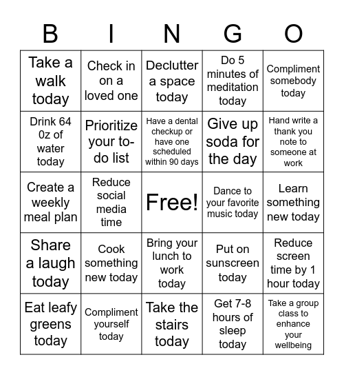 Wellness Activities Bingo Card
