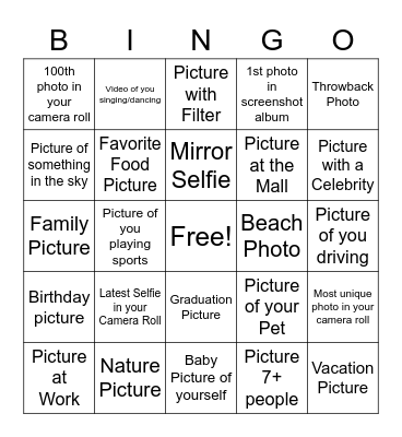 Camera Roll Scavenger Hunt Bingo Card