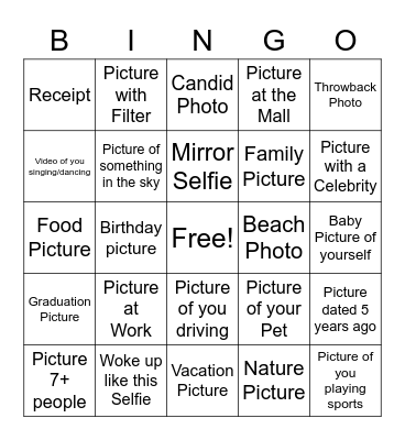 Camera Roll Scavenger Hunt Bingo Card