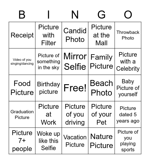 Camera Roll Scavenger Hunt Bingo Card