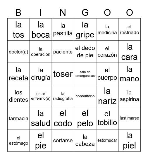 En el consultorio Vocabulario Bingo Card