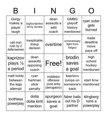 minnesota wild Bingo Card