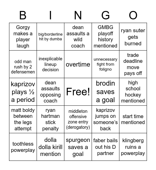 minnesota wild Bingo Card