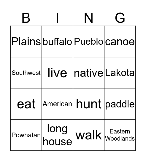 2nd Grade Native Peoples Bingo Card