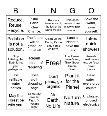 Earth Month Bingo Special Bingo Card