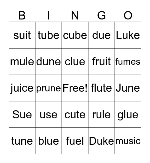 long vowel u word patterns Bingo Card