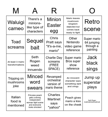 Super Mario Bros. Movie Bingo Card