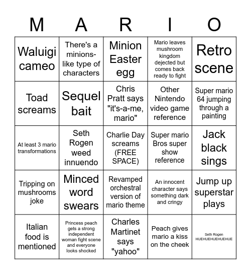 Super Mario Bros. Movie Bingo Card