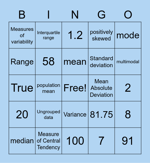 Statistics Bingo Card