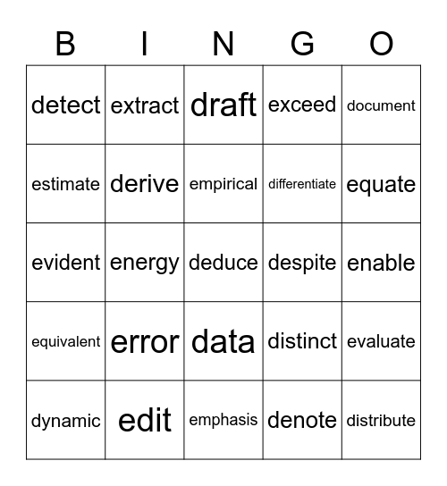 Academic Vocabulary D&E Bingo Card