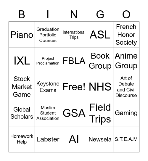 Rising 9th Graders Bingo Card