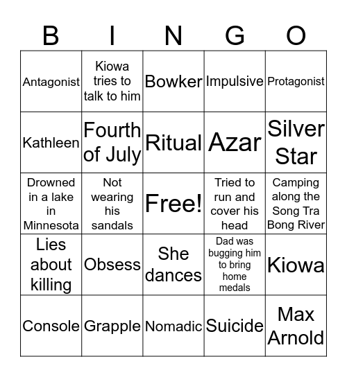 Things They Carried Ch 13-16 Bingo Card