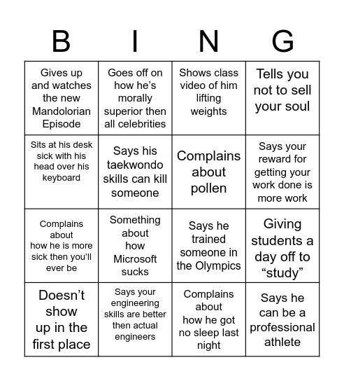 Mr. G Bingo Card