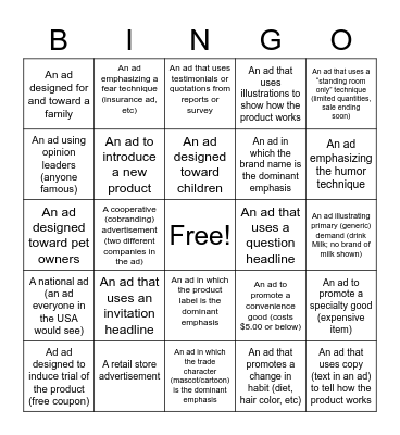 ADVERTISING BINGO Card