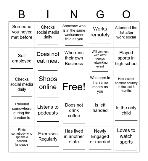 BLU Afterwork Social Bingo Card