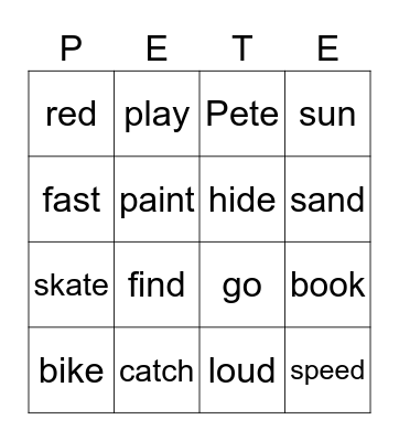 Pete the Cat Robo Pete Bingo Card