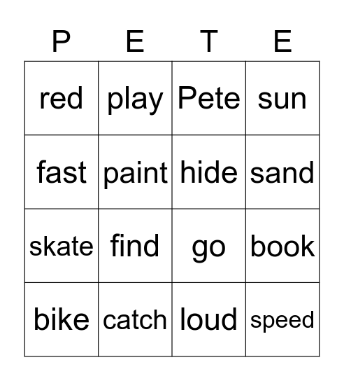 Pete the Cat Robo Pete Bingo Card