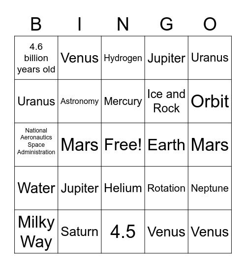 Planet Bingo Card