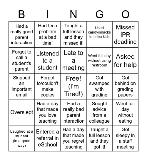 First Year Teacher Bingo Card