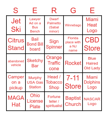 Fl Road Trip Serge Bingo Card