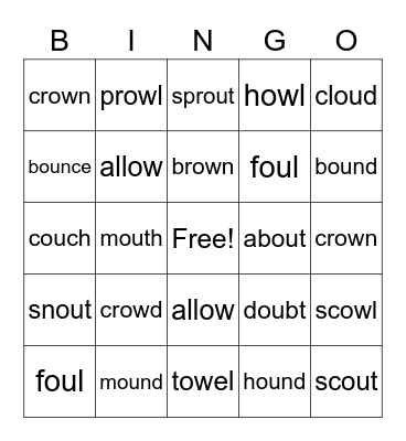Dipthongs - ou/ow Bingo Card