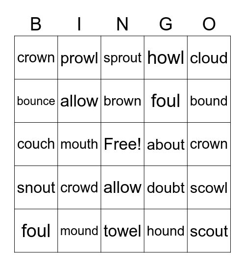 Dipthongs - ou/ow Bingo Card