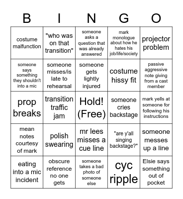 Tech Rehearsal Bingo Card