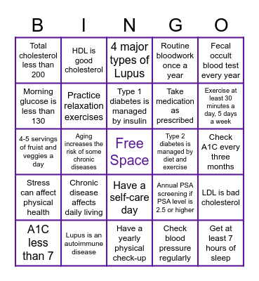 Chronic Conditions BINGO Card