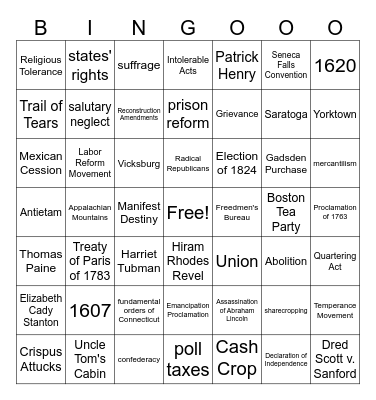 US History Review: Units 1, 2, 5, 6, 8, & 9 Bingo Card
