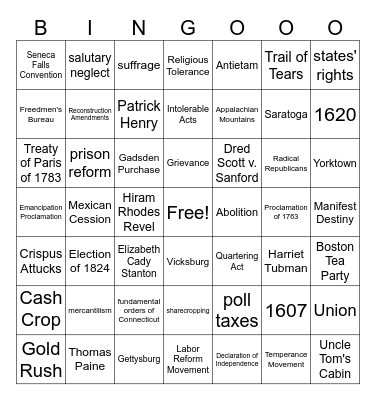 US History Review: Units 1, 2, 5, 6, 8, & 9 Bingo Card