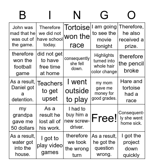 Cause and Effect Bingo Card