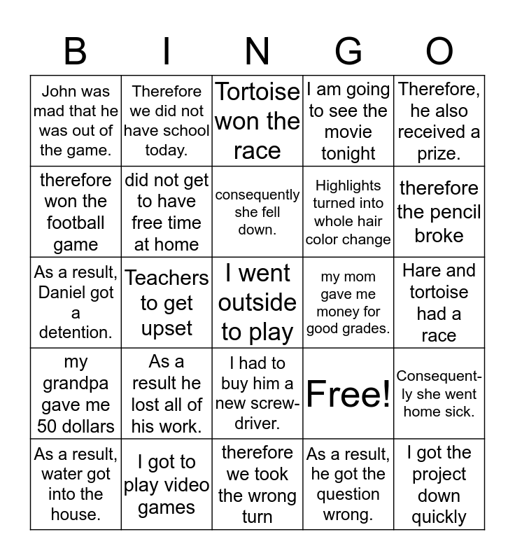 Cause And Effect Bingo Card