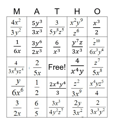 Exponent Division "Matho" Bingo Card