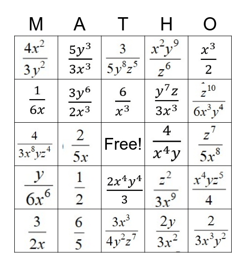 Exponent Division "Matho" Bingo Card