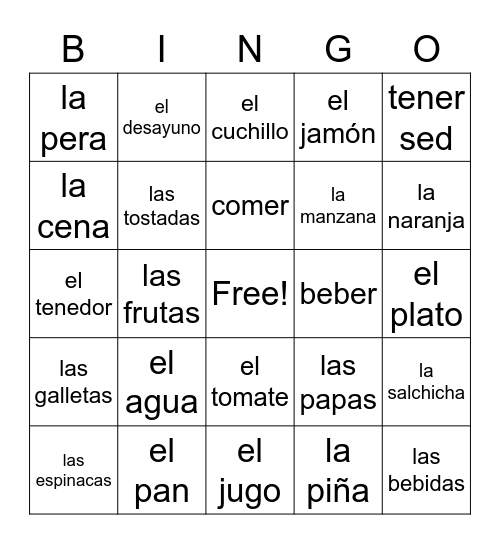 Exploring Spanish Unit 9 (La Comda) Bingo Card