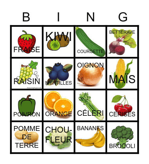 Bingo des fruits et légumes Bingo Card
