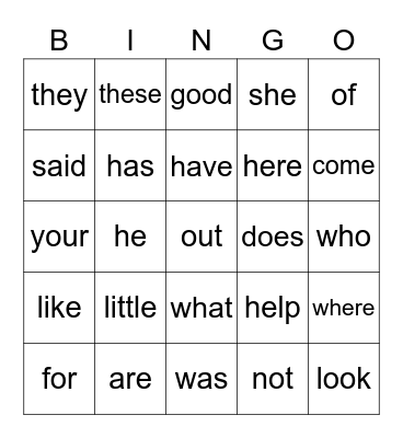 Kindergarten Sight Words Bingo Card