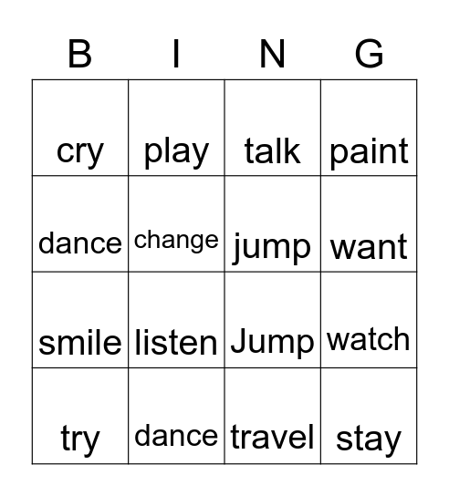 Past Simple Regular Verbs Bingo Card