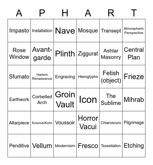 AP Art History Vocabulary Bingo Card