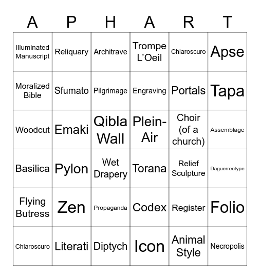 AP Art History Vocabulary Bingo Card