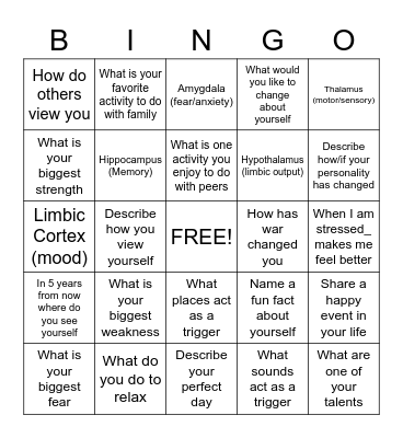 PTSD Bingo Card