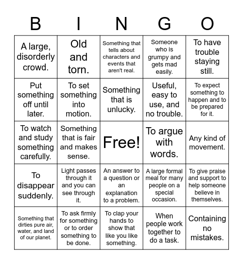 Vocab Words Bingo Card