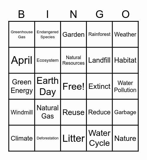 Earth Day Bingo Card