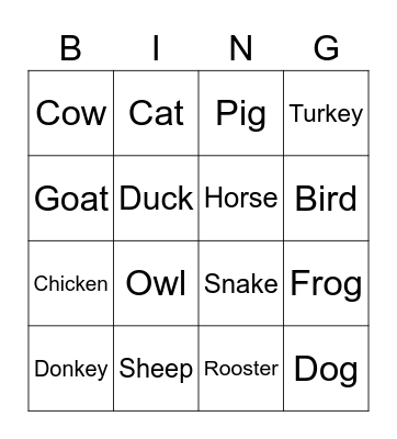 Farm Animal Bingo Card